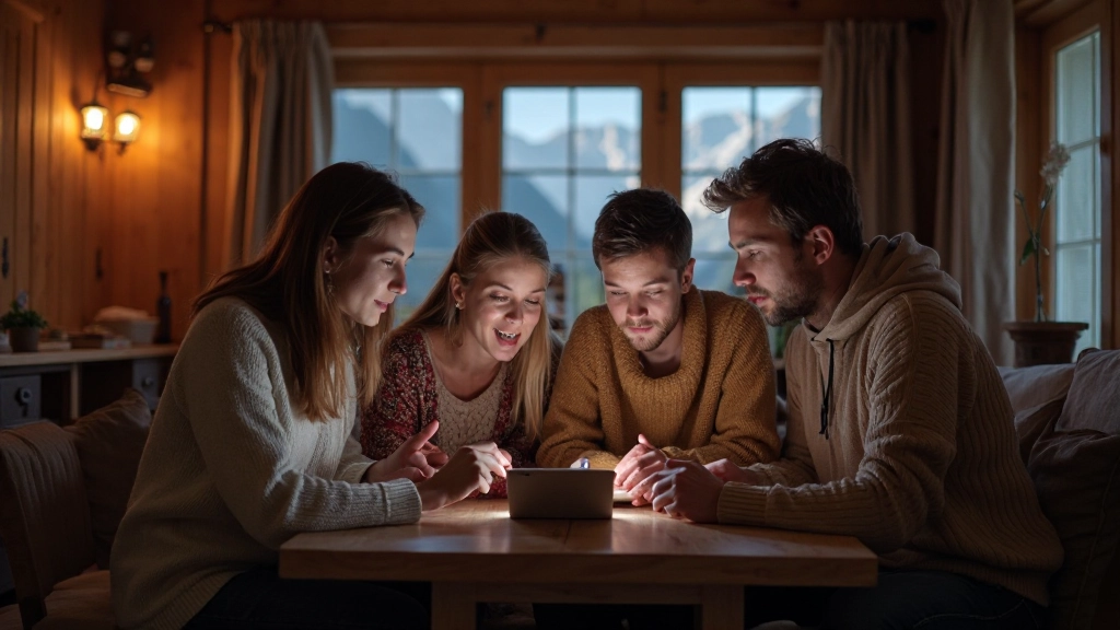 Ländliche Schweizer Gemeinde mit Familie, die digitale Medien auf traditionelle Weise nutzt